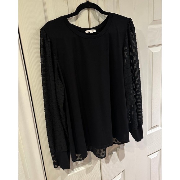 Skies Are Blue Black Knit Clip Dot Sheer Back Chiffon Sleeves Button Cuff Blouse - Picture 6 of 12
